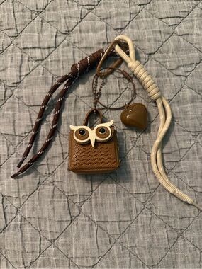 Whimsical Owl  Bag charm with Heart Charm - Brown